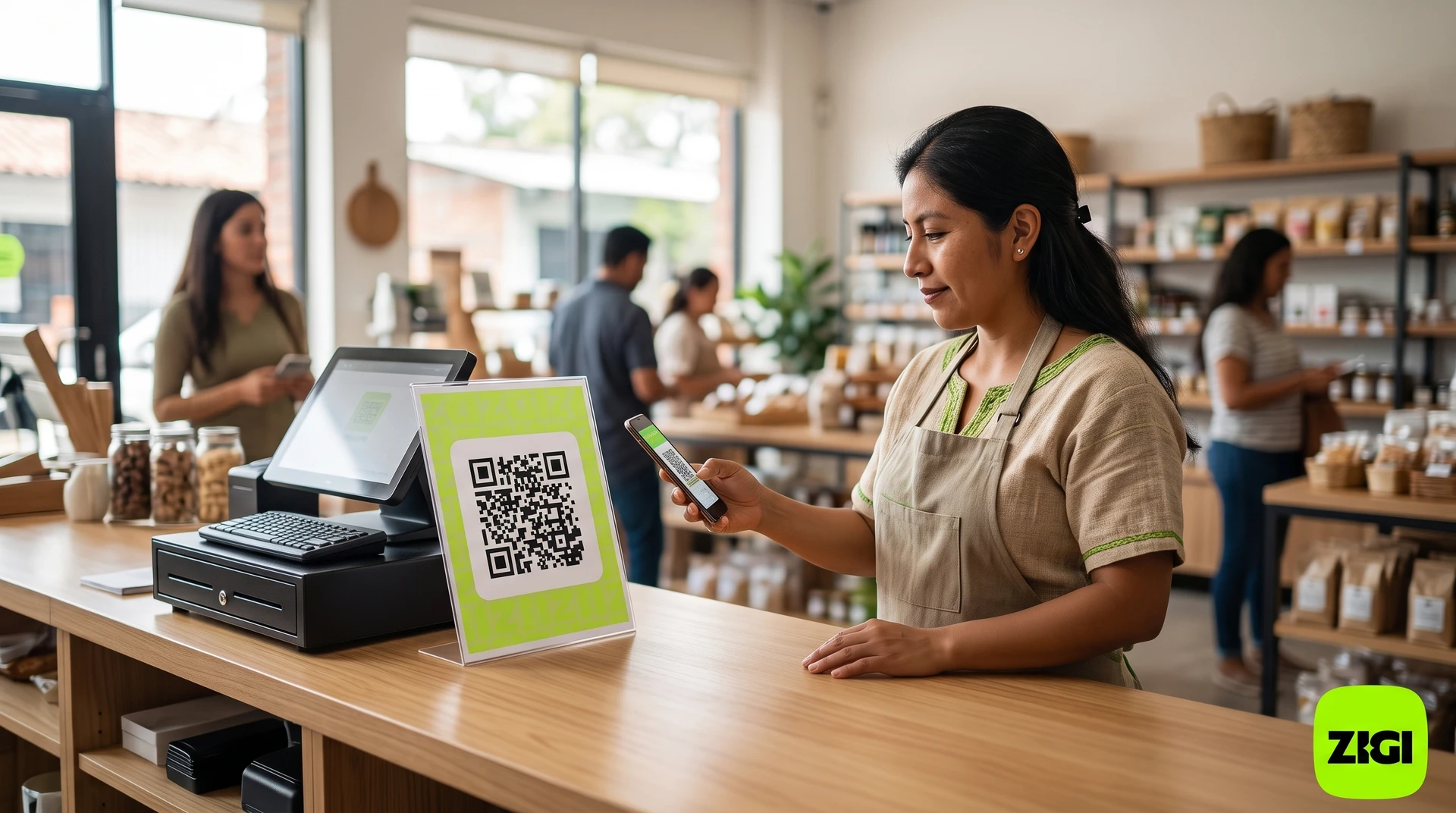 Comercio guatemalteco cobrando con un código QR pegado en el mostrador, sin terminal POS.