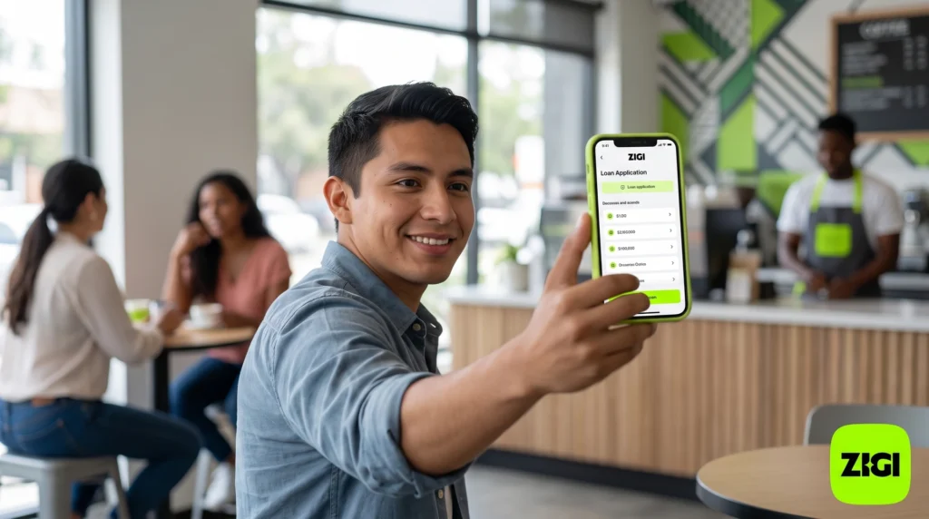 Préstamo instantáneo en Zigi con selfie, mostrando el proceso y la interfaz de la app en un smartphone.