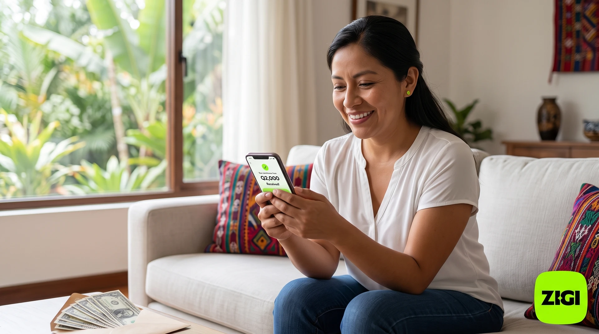 Persona en Guatemala recibiendo su remesa desde EE.UU. en la app Zigi, sin ir a cobrarla en agencia.