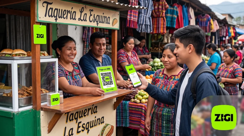 Comerciante calculando el costo de aceptar pagos con QR frente a un POS bancario en Guatemala.