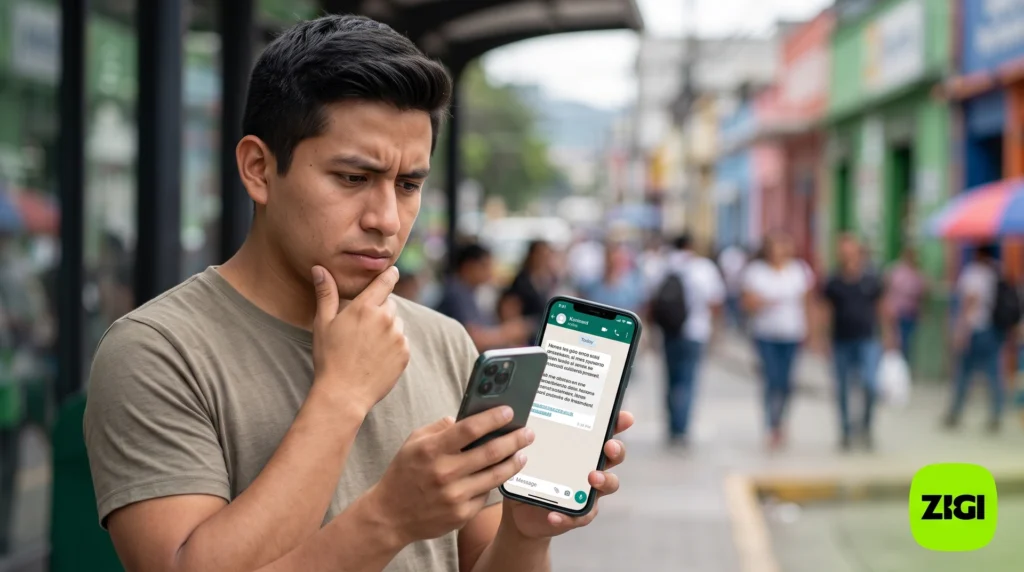 Mensaje de WhatsApp fraudulento en Guatemala, con las señales de alerta que lo delatan.