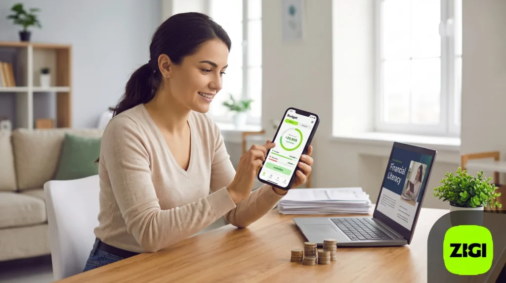 Mujer revisando su presupuesto financiero en una computadora, aprendiendo sobre el sobreendeudamiento y crédito digital.