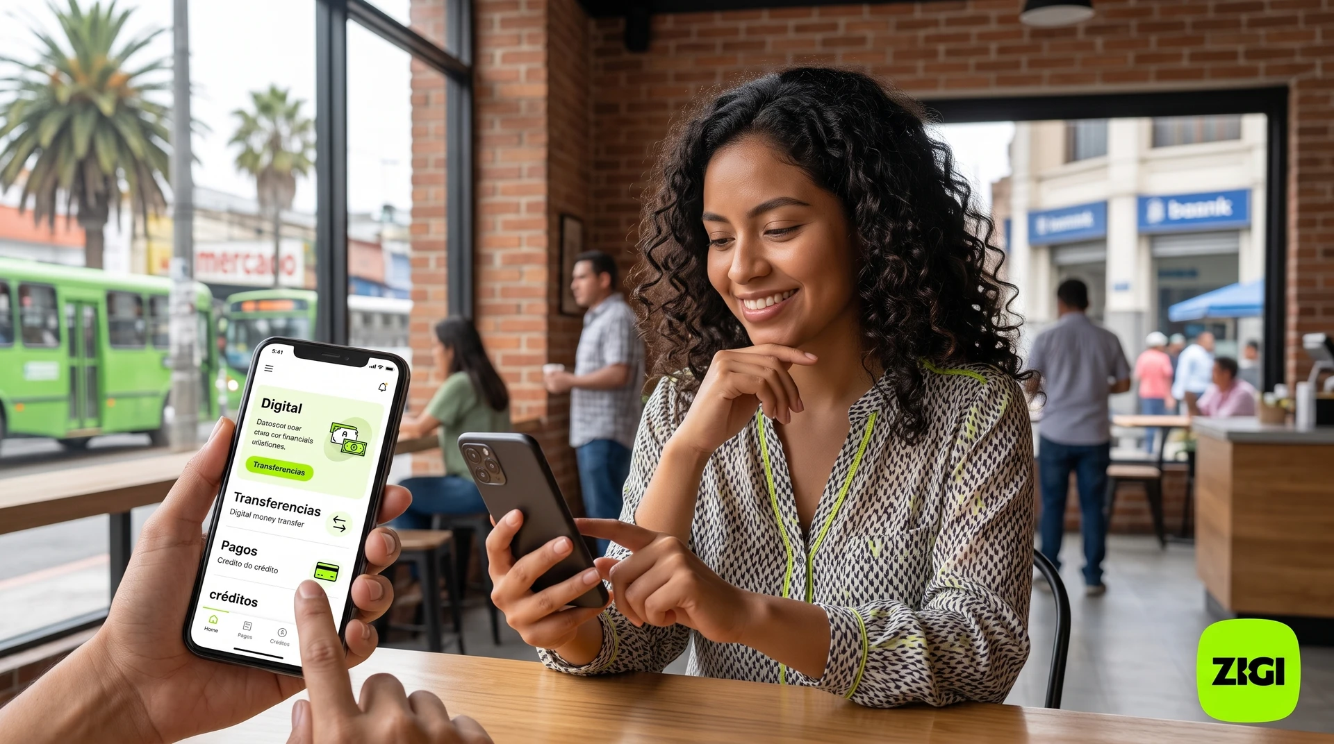 Mujer gestionando su cuenta digital en Guatemala desde la app Zigi, con transferencias, pagos y créditos en pantalla.